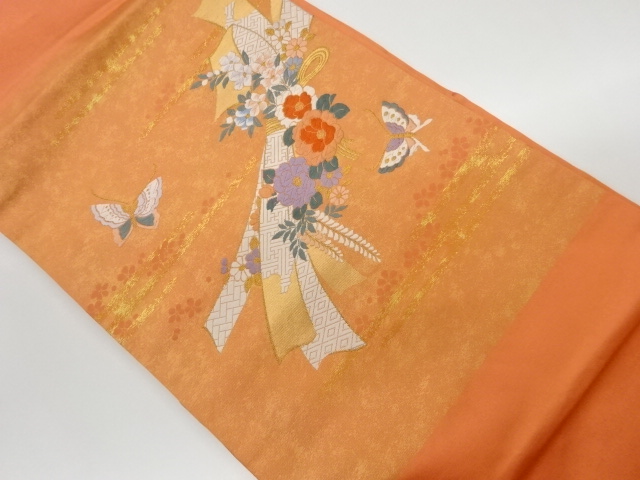 リサイクル　束ね熨斗に花々・蝶模様織出し名古屋帯